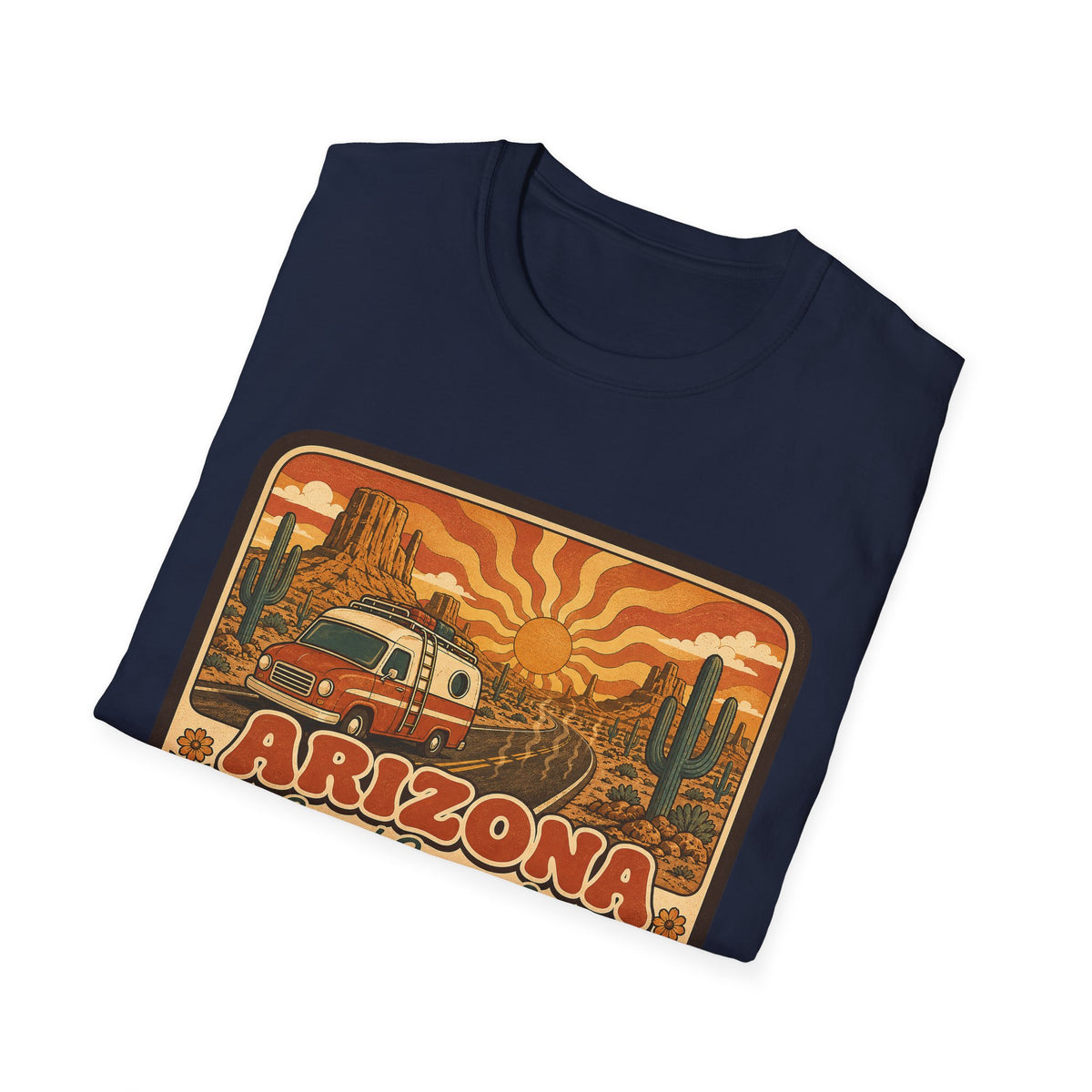 Navy unisex graphic T-shirt with Arizona desert van and cactus print