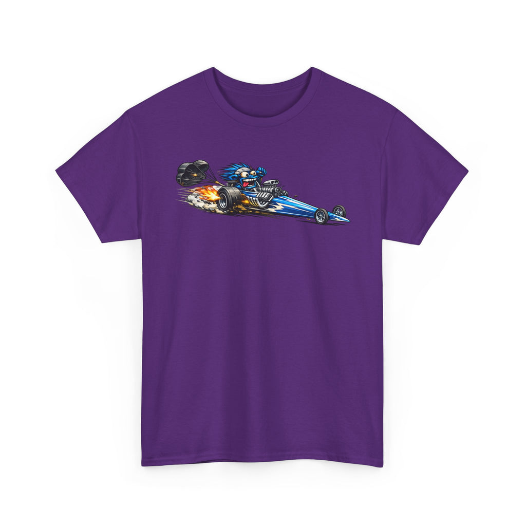 Unisex purple graphic tee with flaming dragster car print