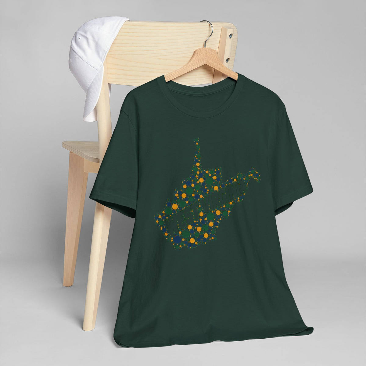 Dark green crewneck T-shirt with colorful West Virginia floral map graphic