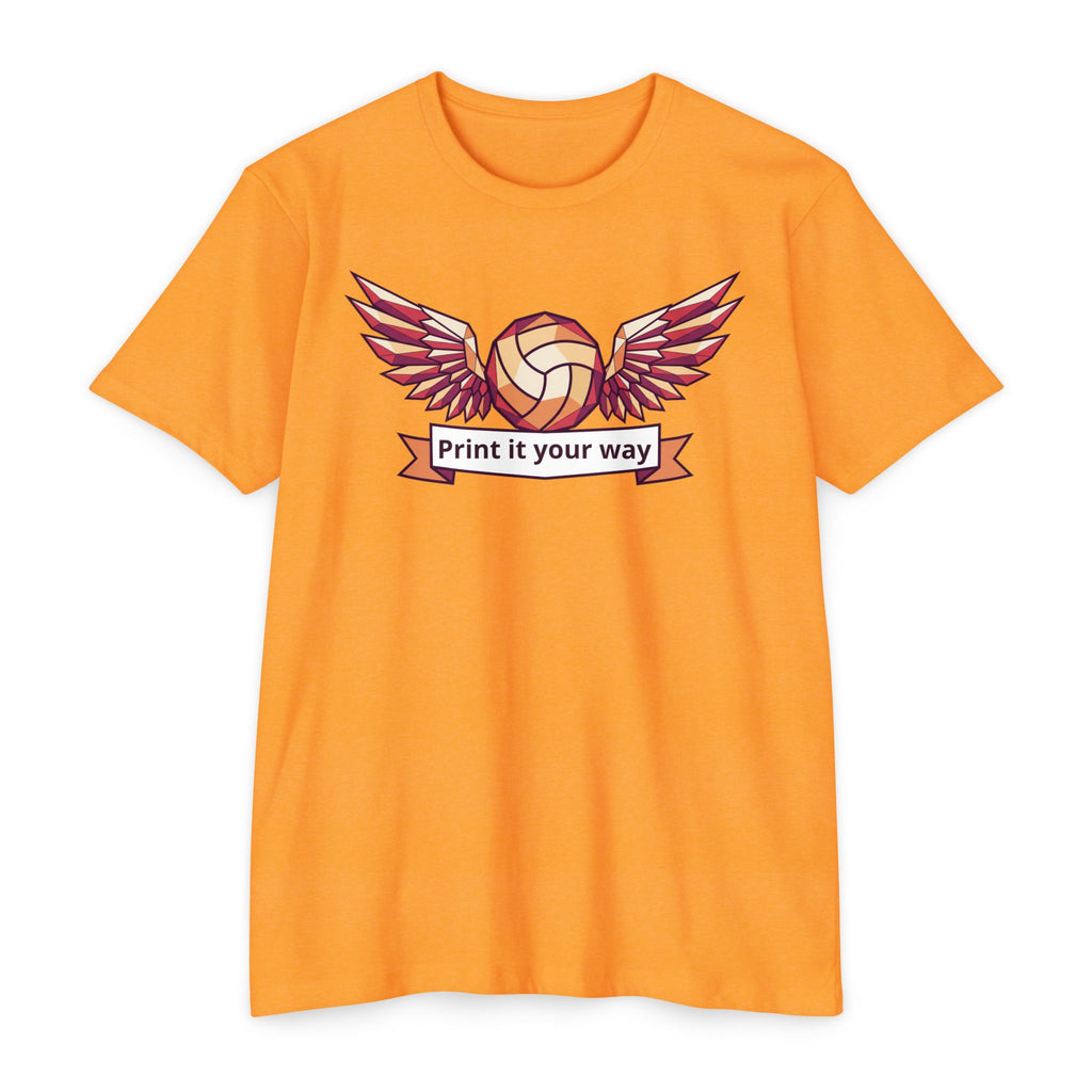 Unisex volleyball T-shirt in orange with winged volleyball graphic on chest.