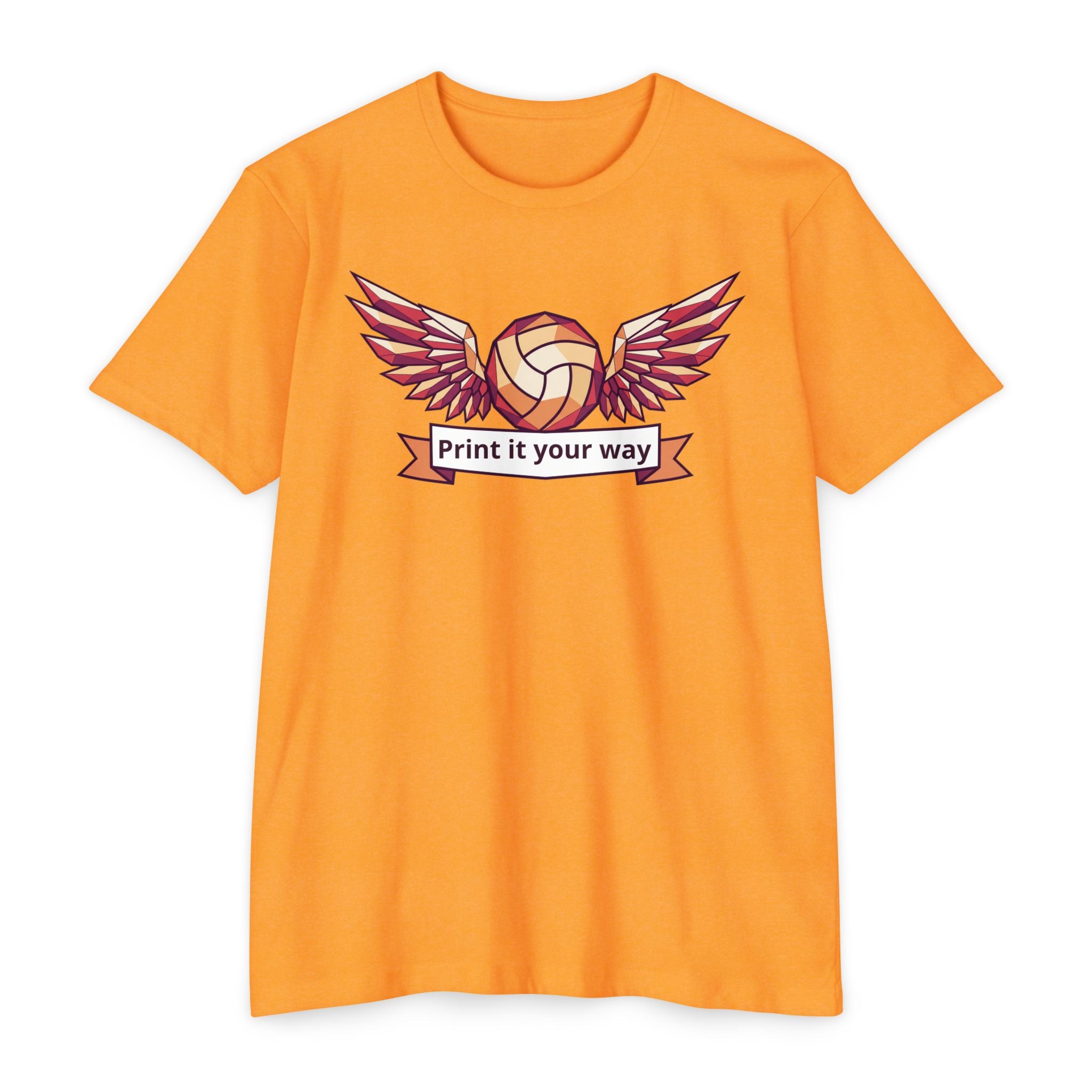 Unisex volleyball T-shirt in orange with winged volleyball graphic on chest.