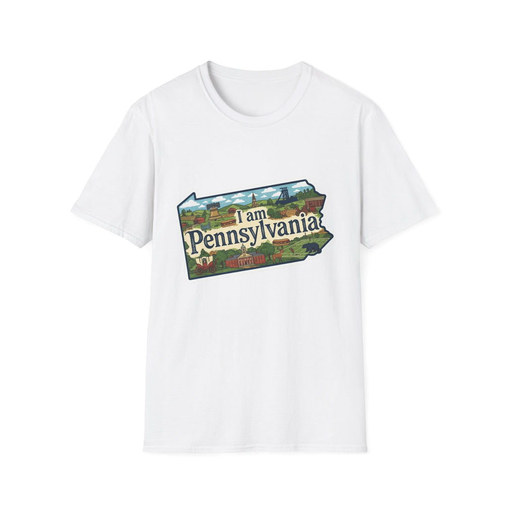 I am Pennsylvania T-shirt (white) with state outline and scenic landmarks print