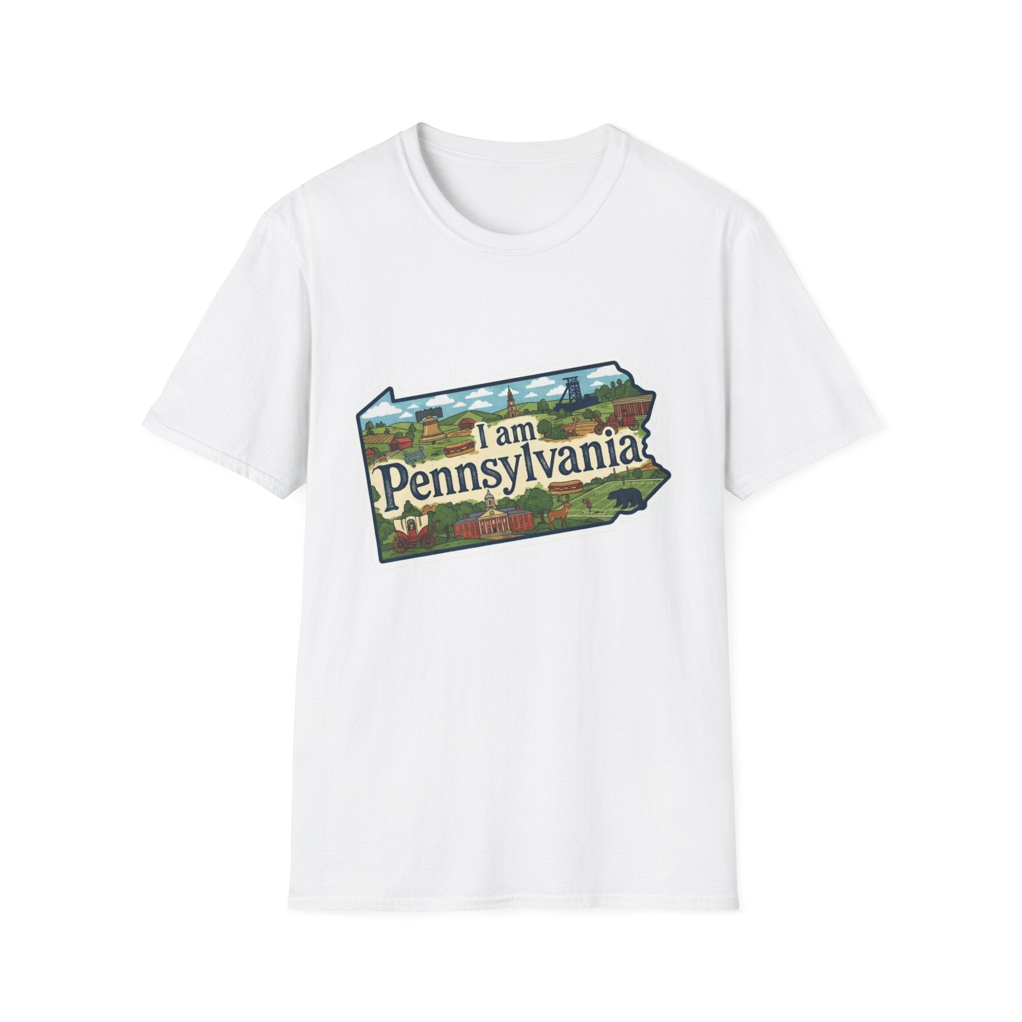I am Pennsylvania T-shirt (white) with state outline and scenic landmarks print