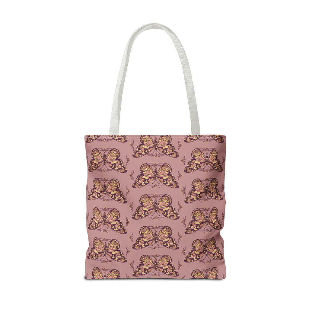 Pink butterfly pattern tote bag with light handles, front view.