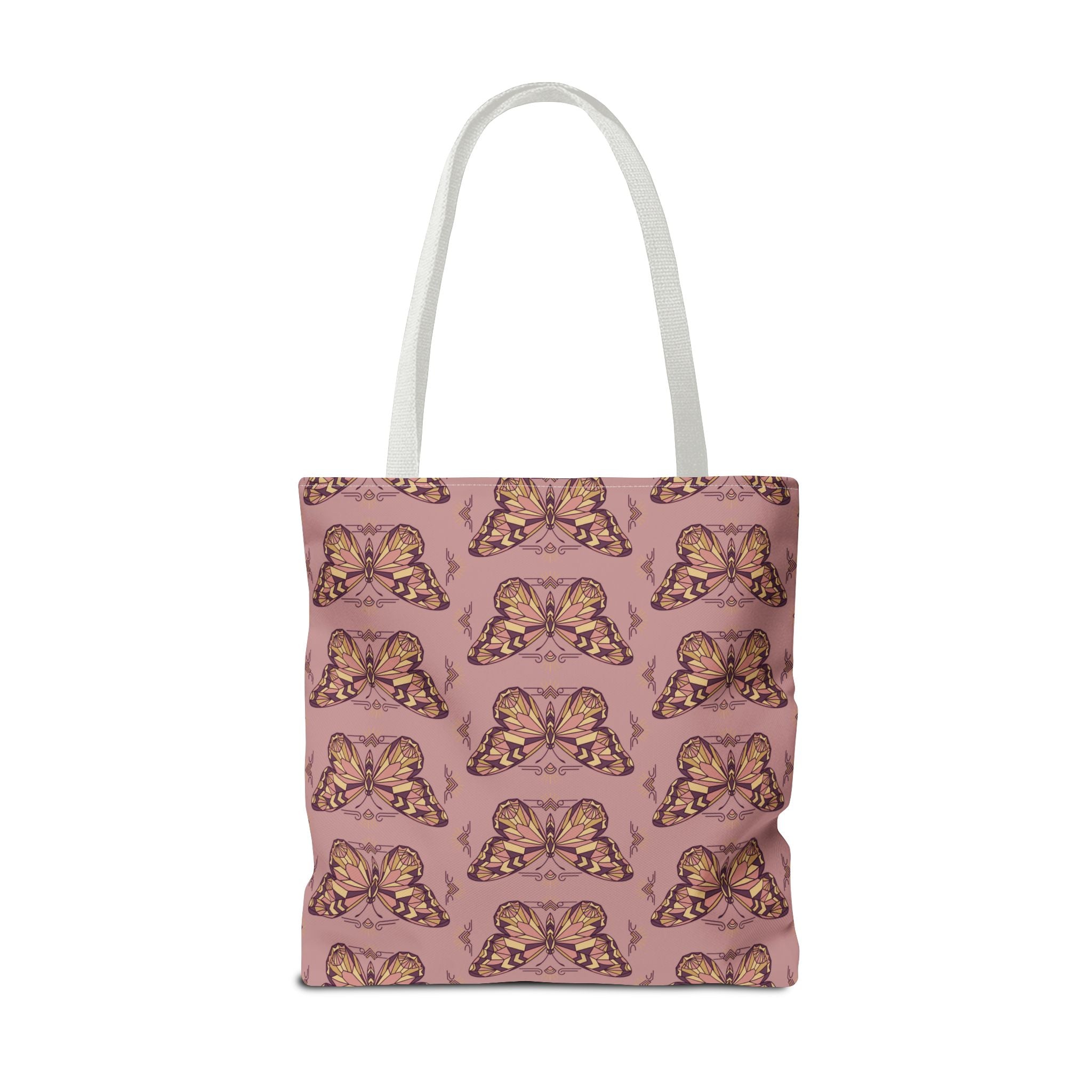 Pink butterfly pattern tote bag with light handles, front view.