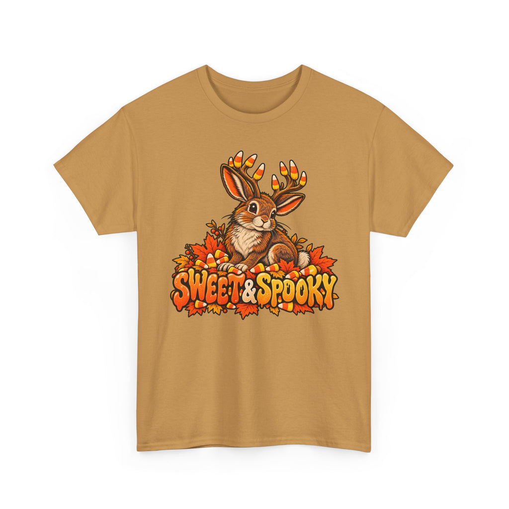 Tan Halloween jackalope t-shirt with candy corn antler bunny and Sweet & Spooky text