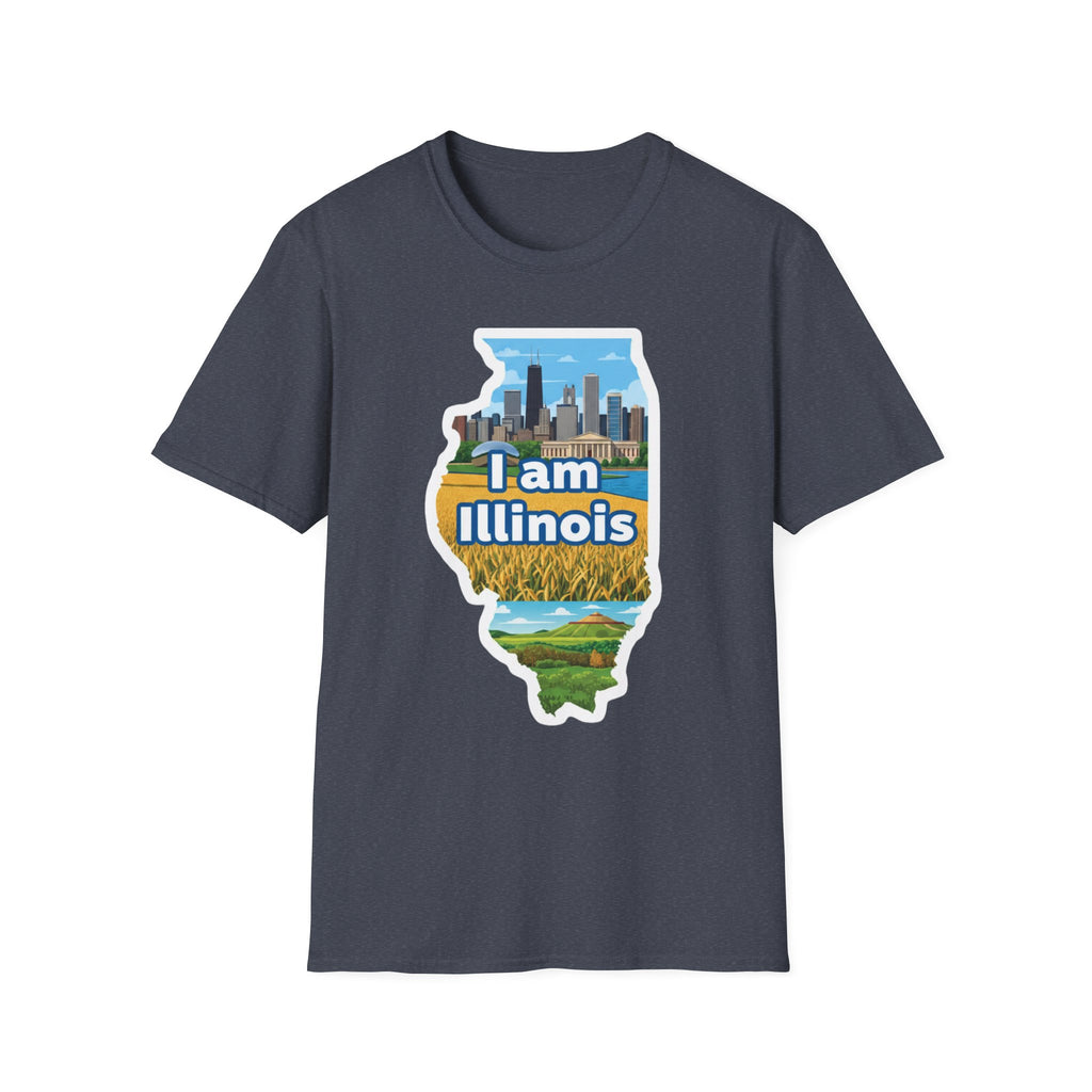 I Am Illinois T-shirt in Heather Indigo, Illinois map skyline and farmland print