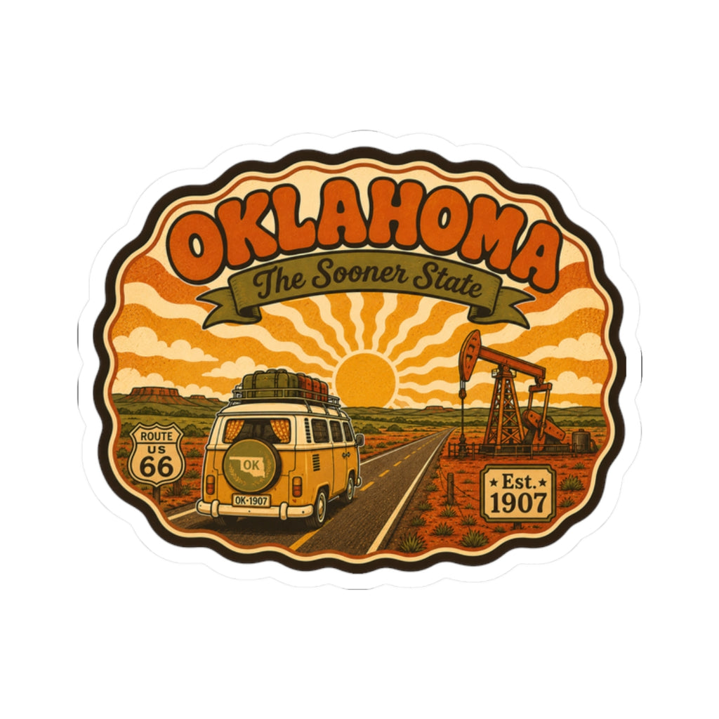 OKLAHOMA vintage travel sticker decal with Route 66 sign, road, and “The Sooner State.”