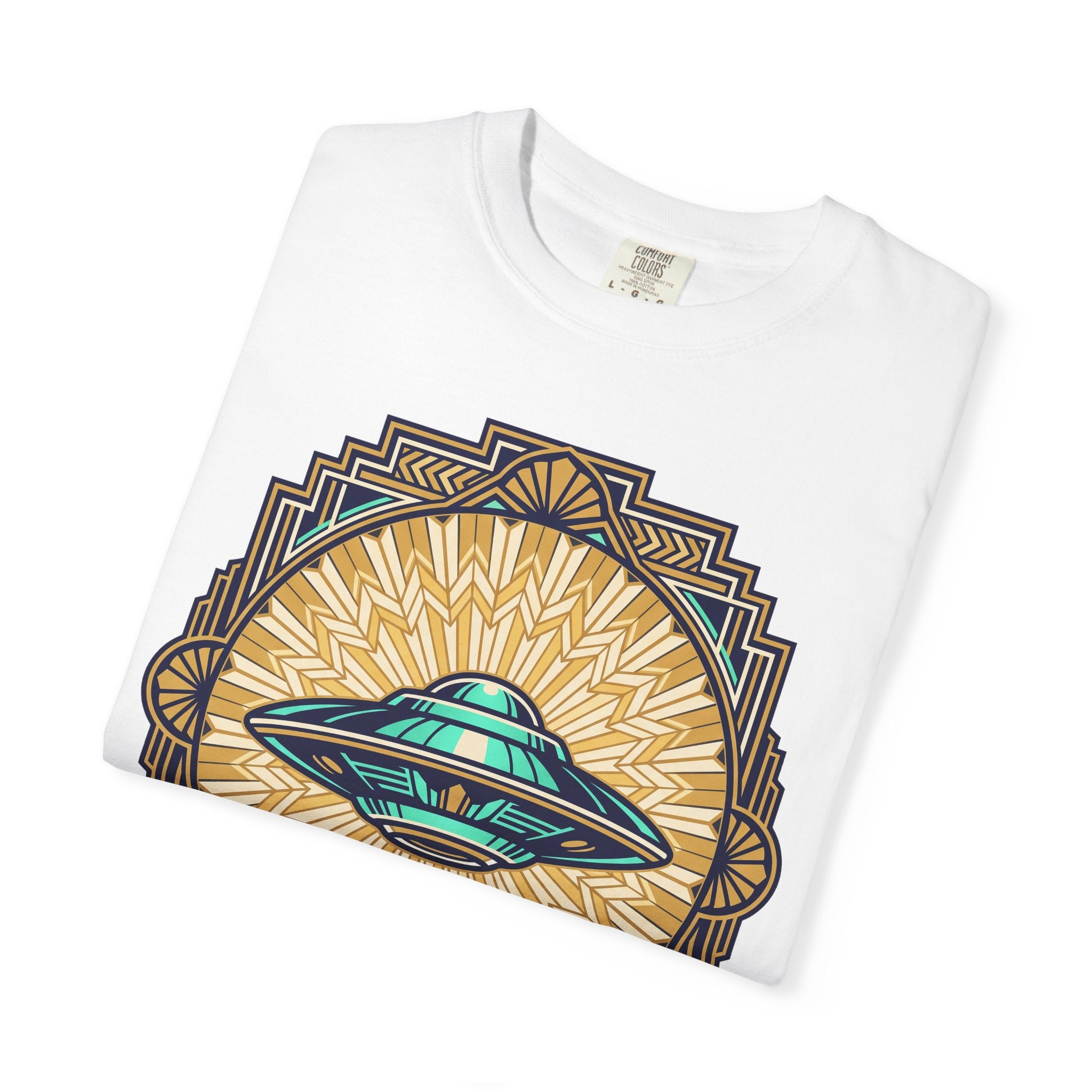 White t-shirt with retro flying saucer sunburst graphic