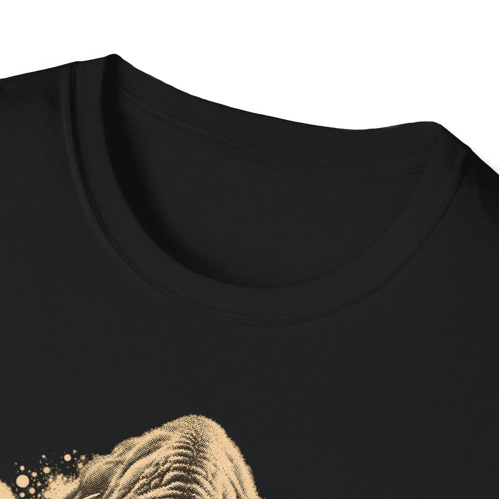 Black T-shirt close-up of bison graphic near neckline
