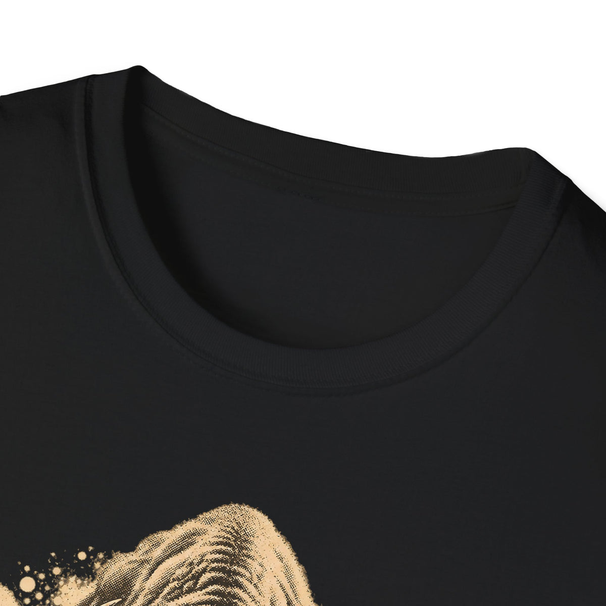 Black T-shirt close-up of bison graphic near neckline