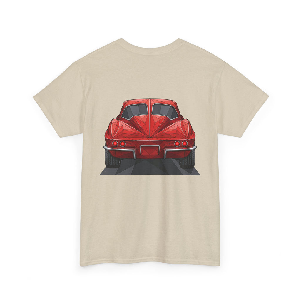 Sand crew-neck T-shirt with centered red sports coupe graphic, angled view