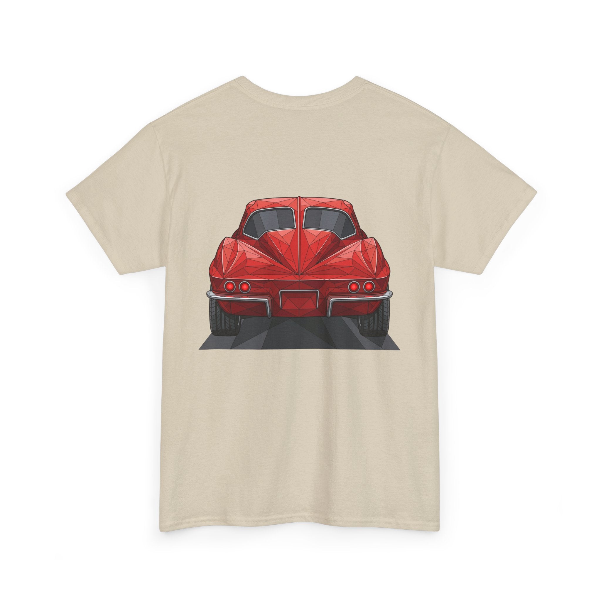 Sand crew-neck T-shirt with centered red sports coupe graphic, angled view