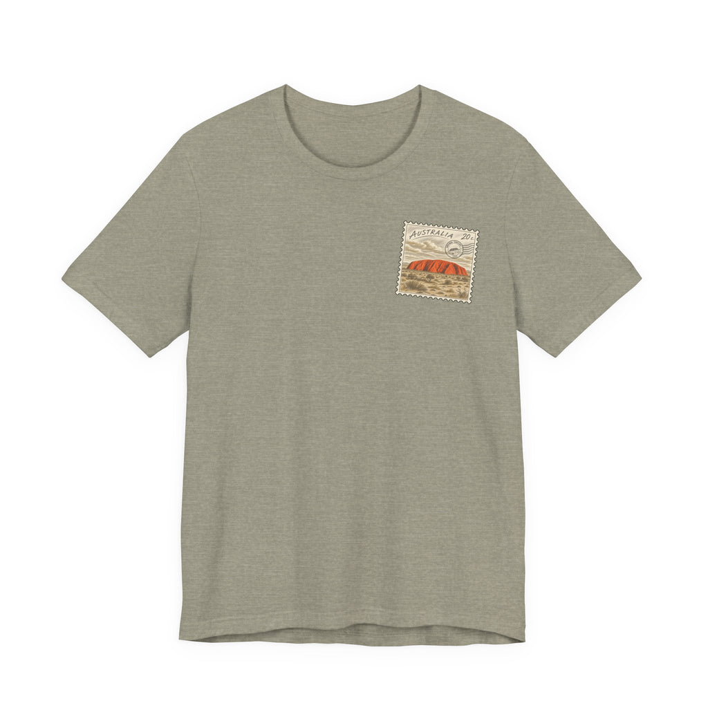 Heather stone green-gray t-shirt with small vintage postage-stamp style graphic on the chest