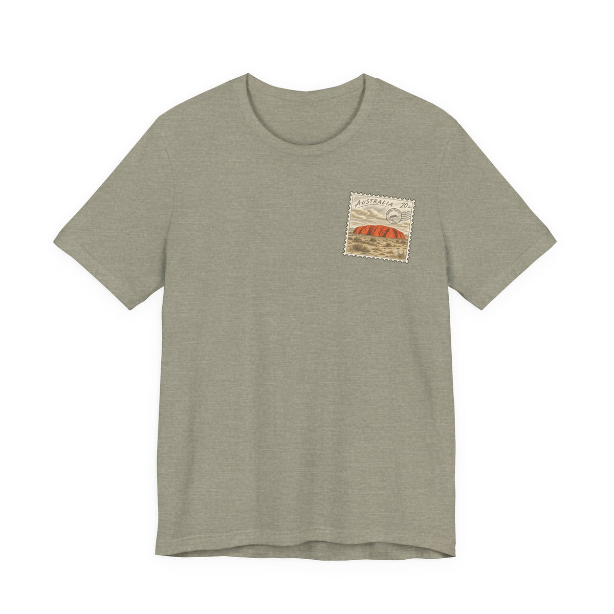 Heather stone green-gray t-shirt with small vintage postage-stamp style graphic on the chest