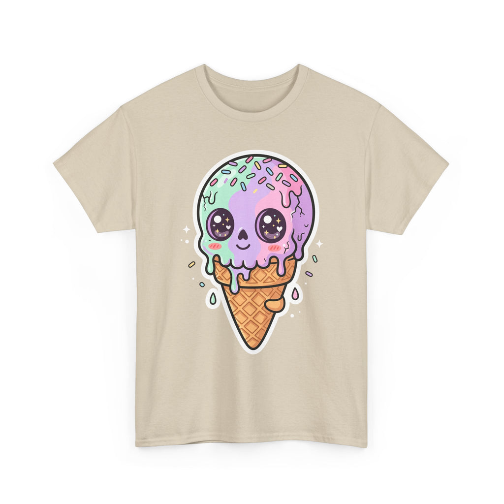Natural T-shirt with kawaii melting ice cream cone face graphic.