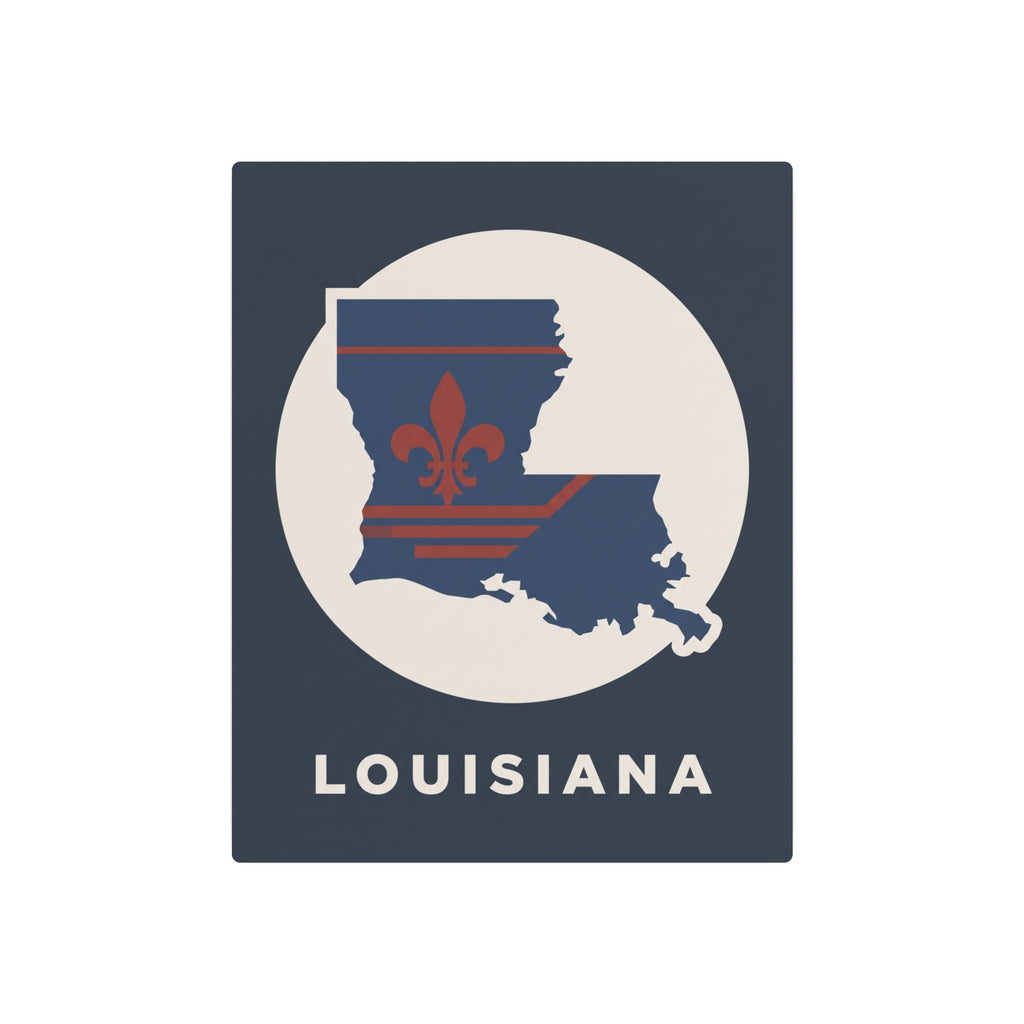 Louisiana metal wall decor sign featuring navy state silhouette and red fleur-de-lis
