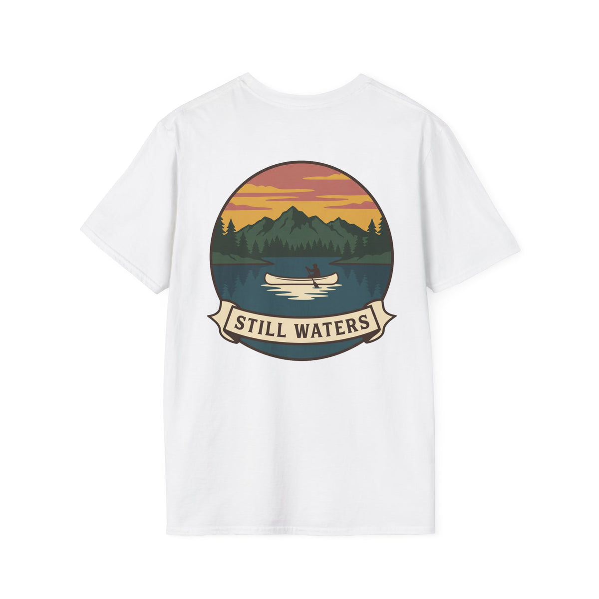 White canoe lake scene T-shirt with “STILL WATERS” canoe badge graphic