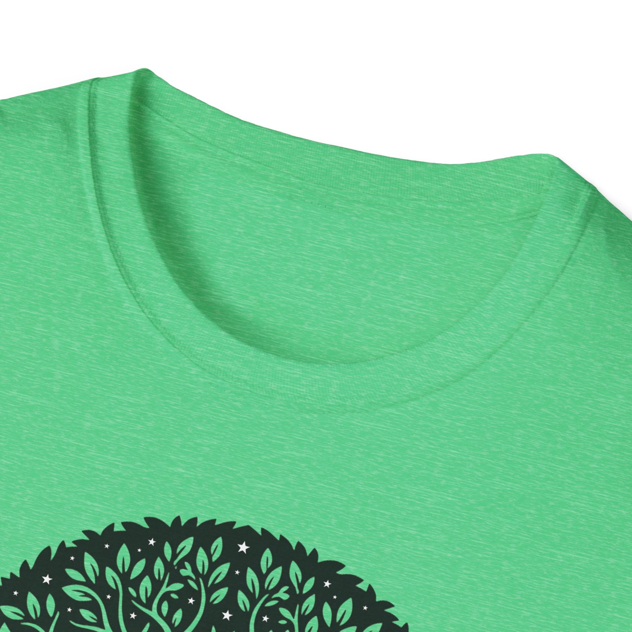 Heather Irish Green T-shirt, close-up crew neckline on green fabric