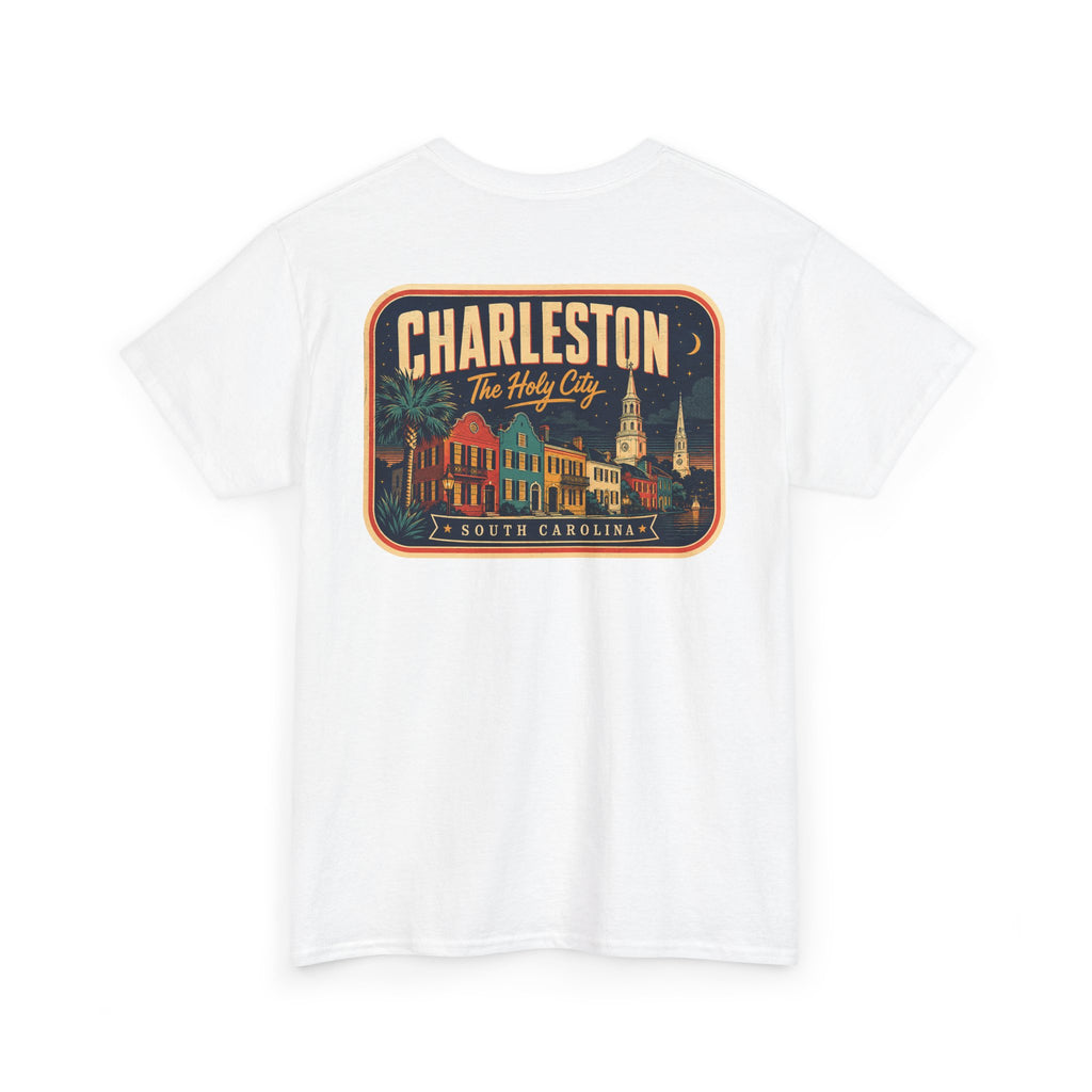 White T-shirt with round Charleston city badge graphic on chest