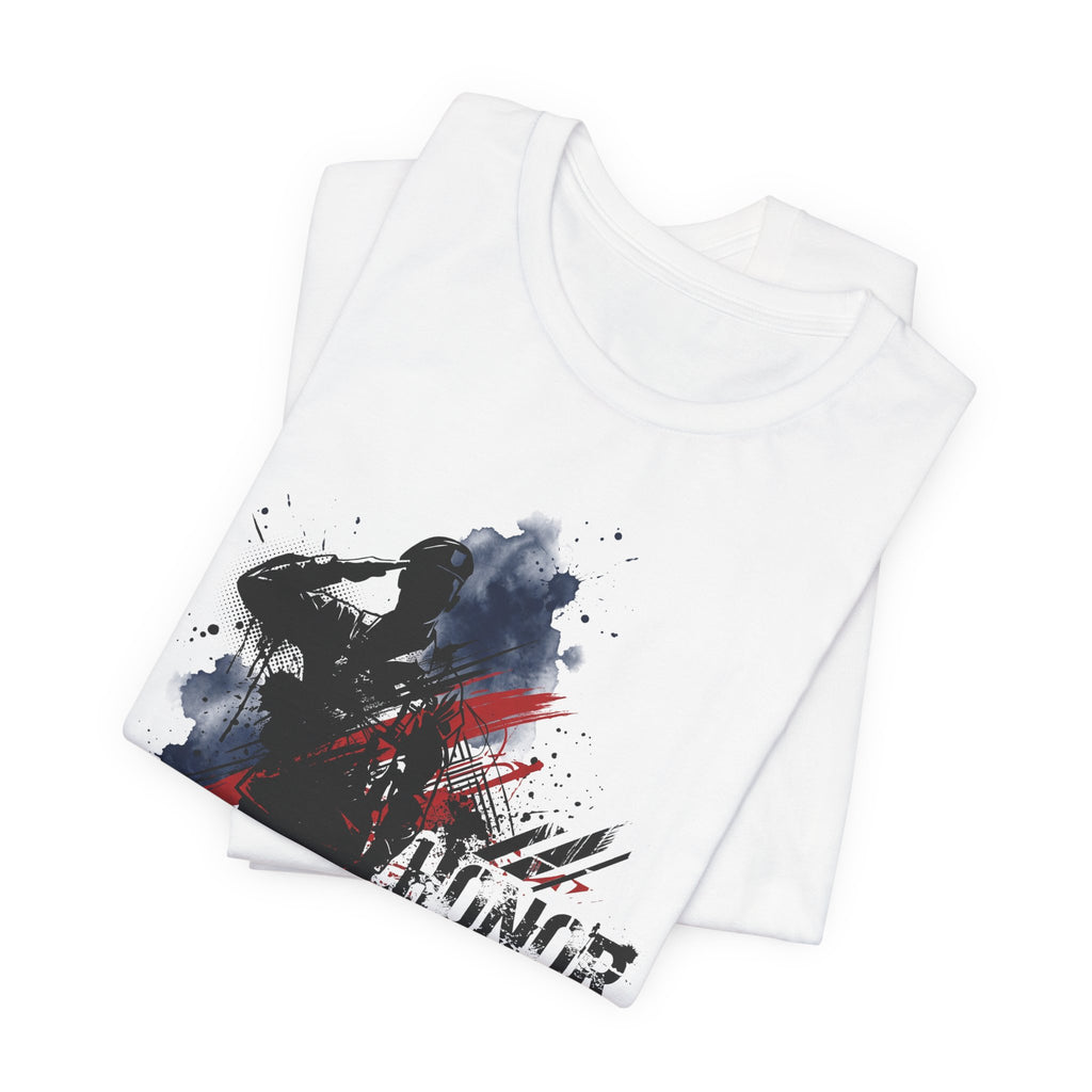 White T-shirt set with soldier silhouette graphic in black, blue, and red on the chest