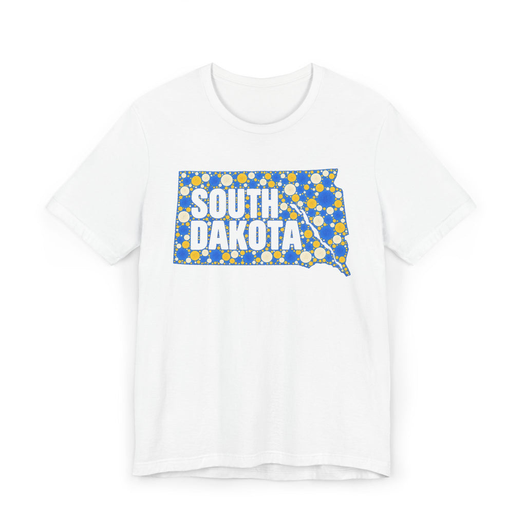 White crewneck T-shirt with blue and yellow South Dakota polka-dot map graphic.