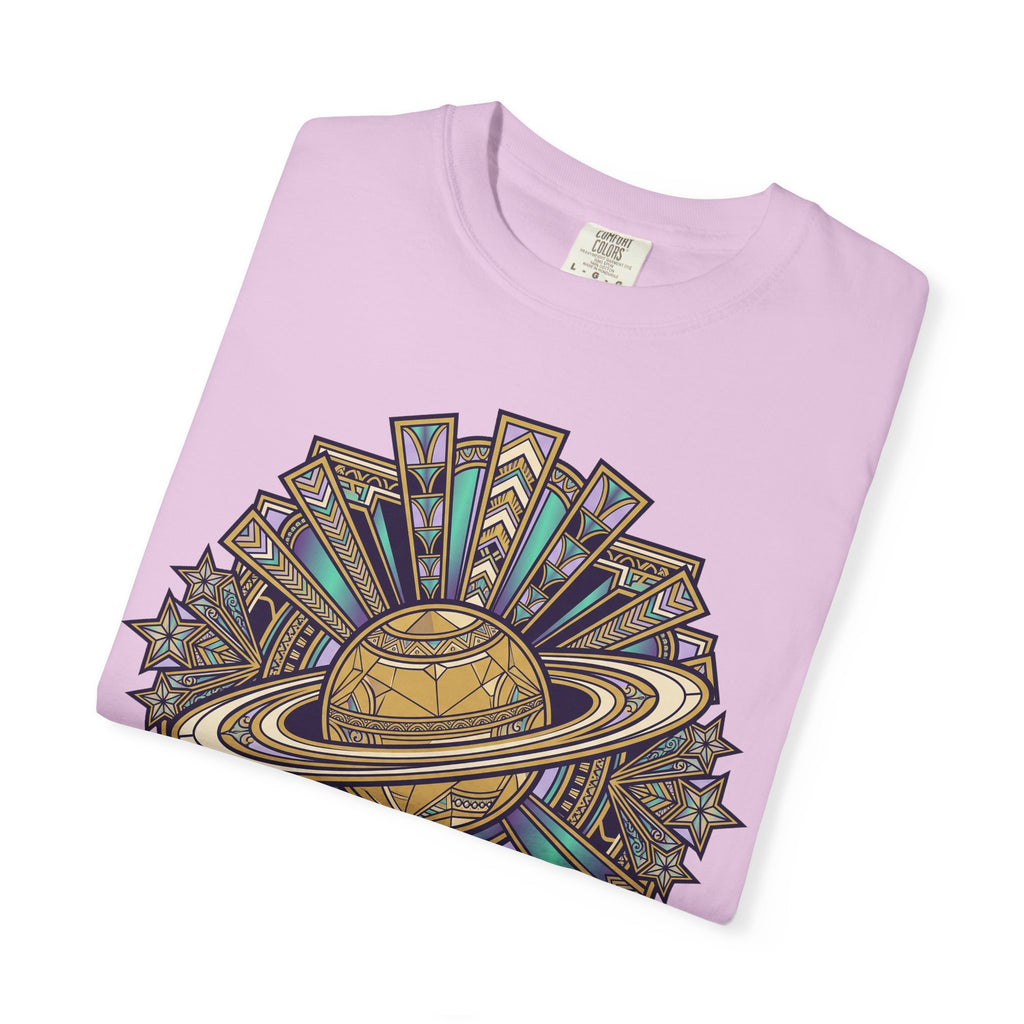 Lavender T-shirt with Saturn ring celestial graphic, folded view