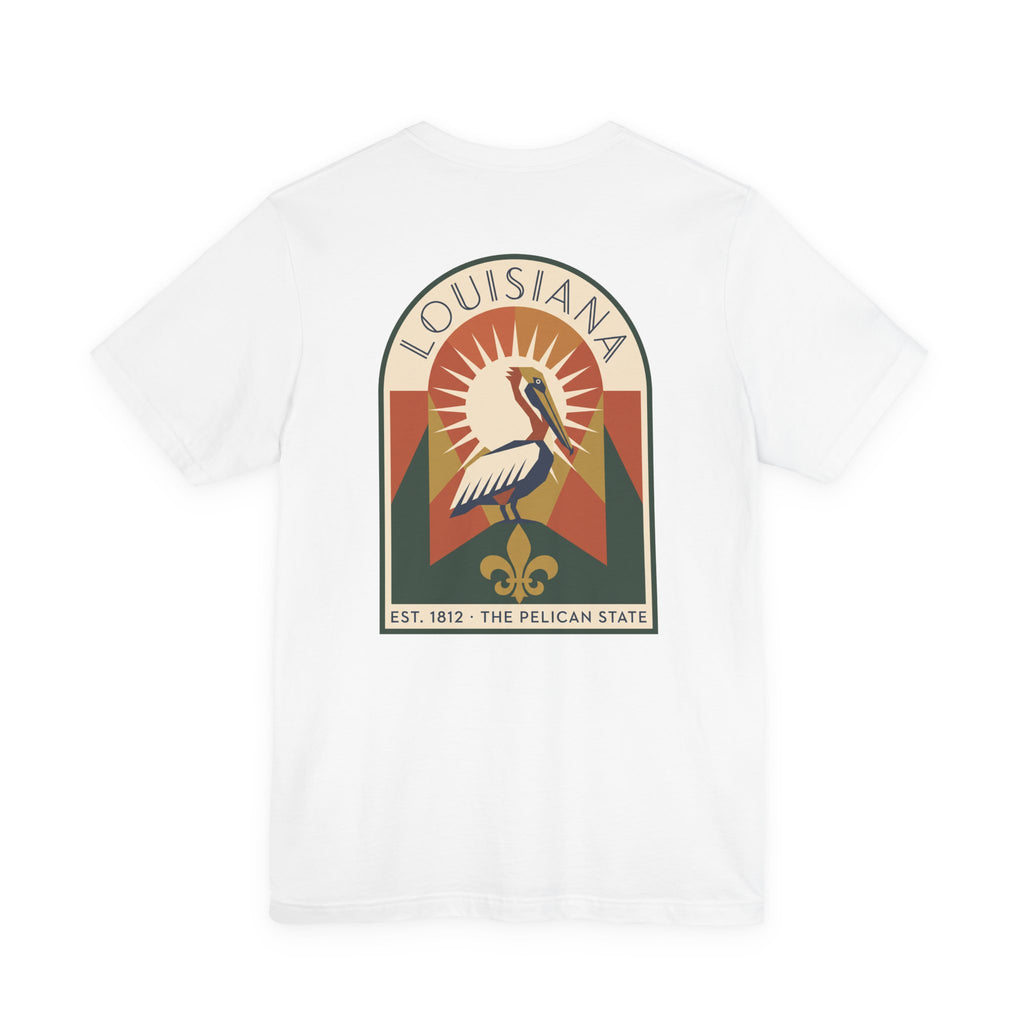 White t-shirt with Louisiana pelican art graphic on chest