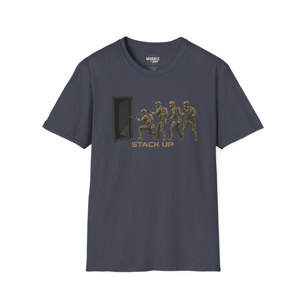Heather navy T-shirt with 'Stack Up' soldier team design