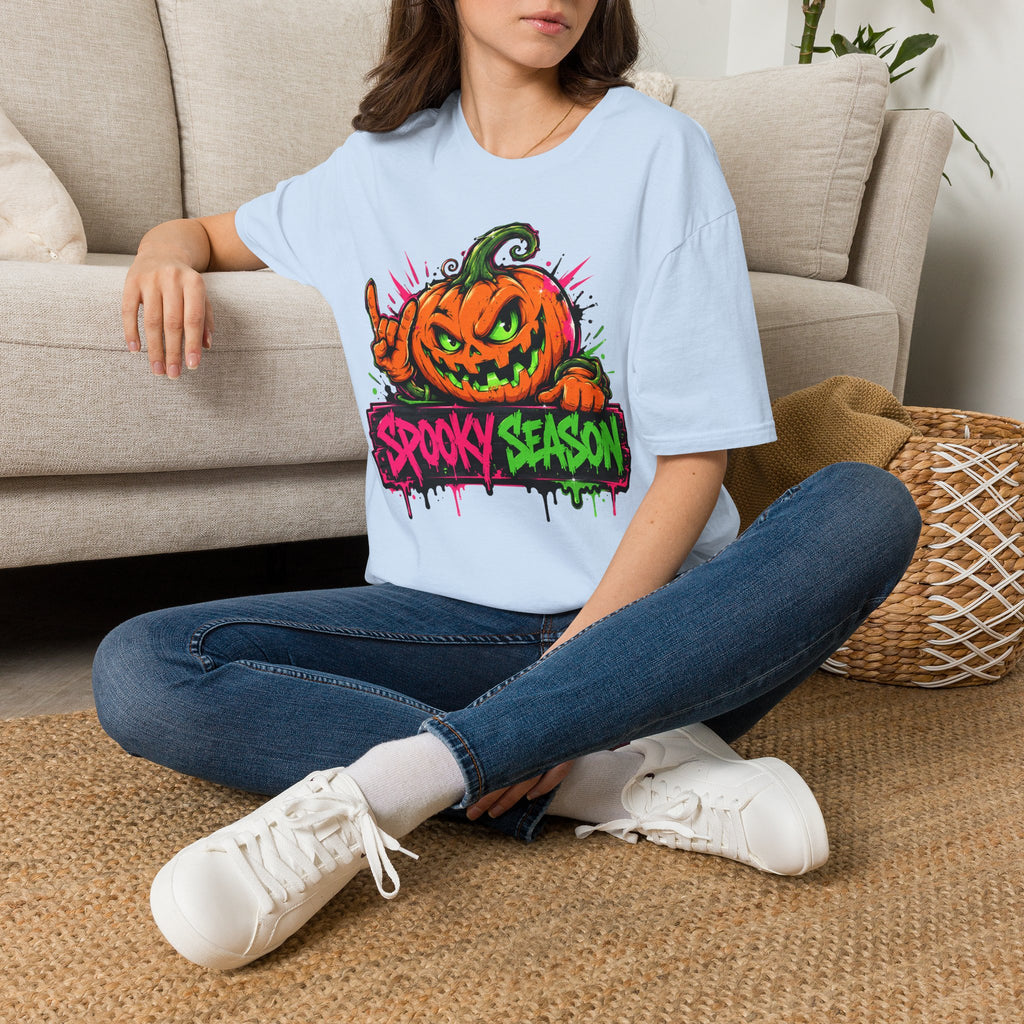 Light blue pumpkin jack-o-lantern graphic T-shirt with Spooky Season text