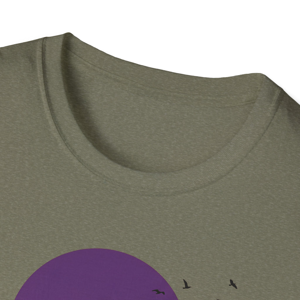 Heather Military Green T-shirt close-up of purple moon and flying birds