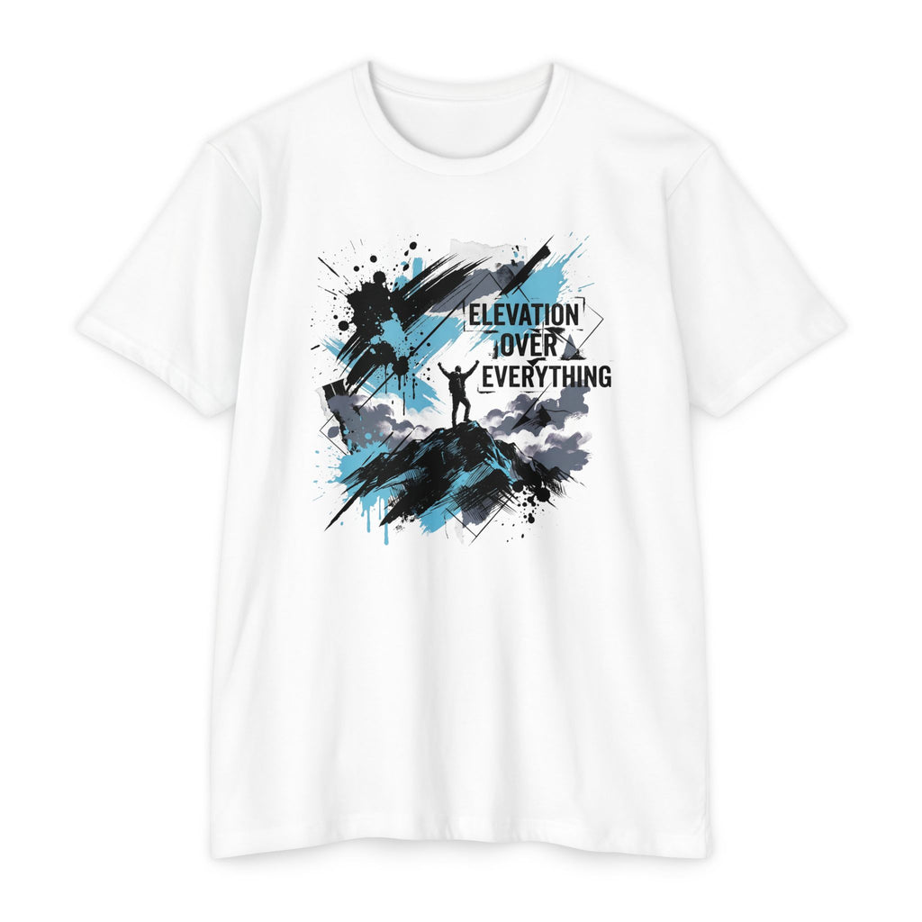 White crewneck T-shirt with blue/black splatter mountain graphic and text "ELEVATION OVER EVERYTHING"