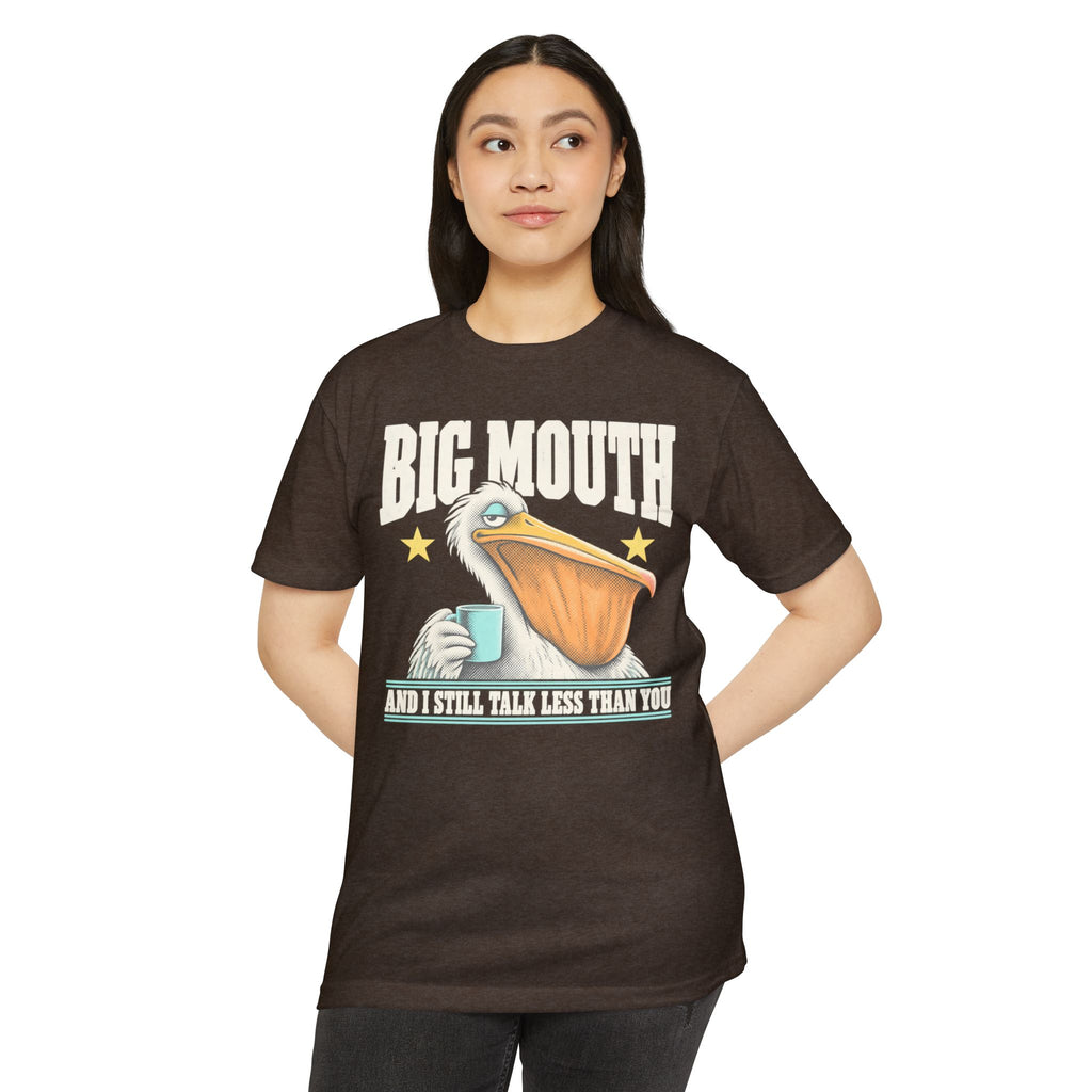 Espresso brown T-shirt with Big Mouth pelican drinking coffee graphic, crew neck