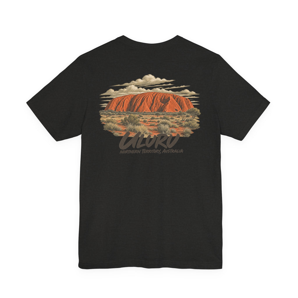 Black T-shirt with large Uluru landscape graphic and “ULURU” text