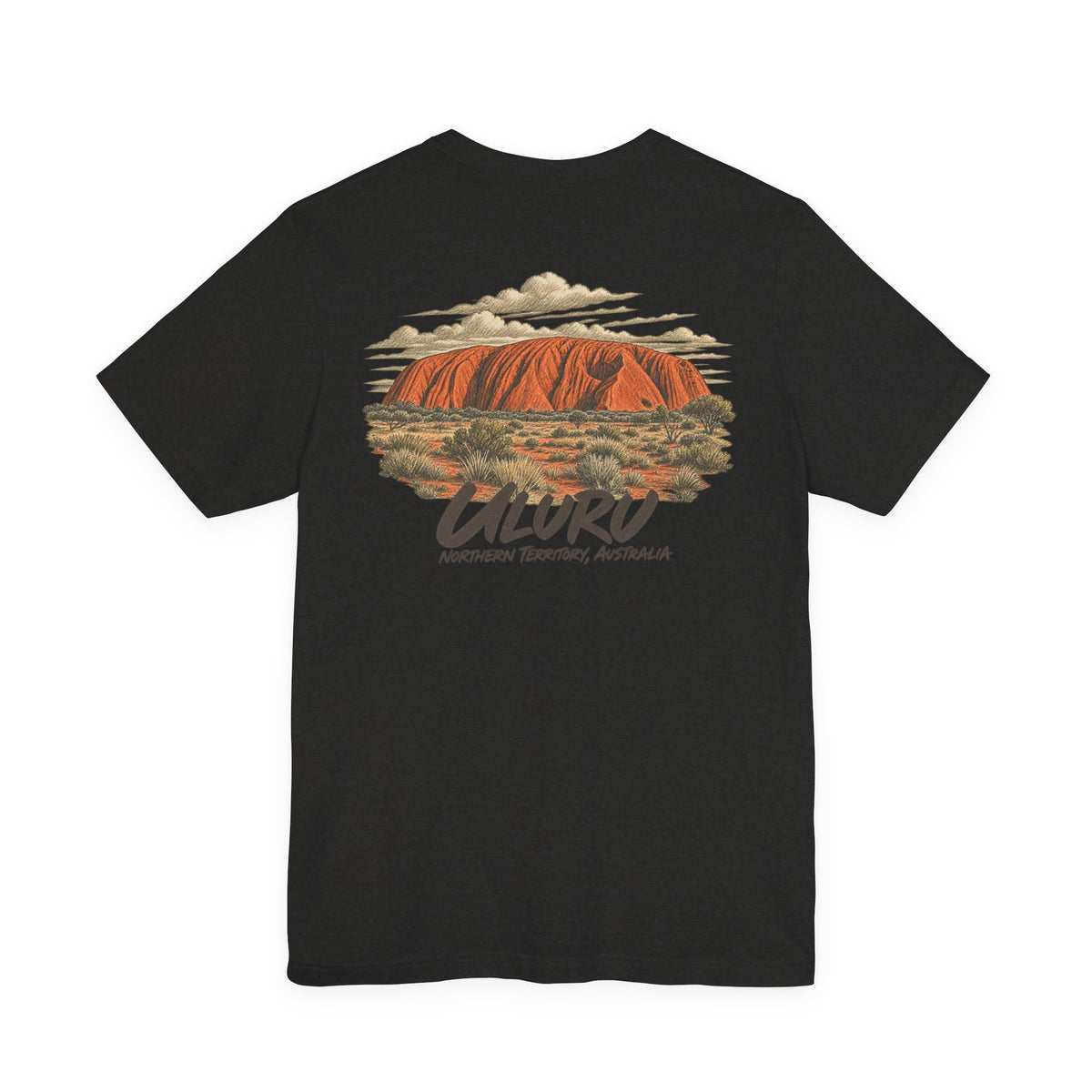Black T-shirt with large Uluru landscape graphic and “ULURU” text
