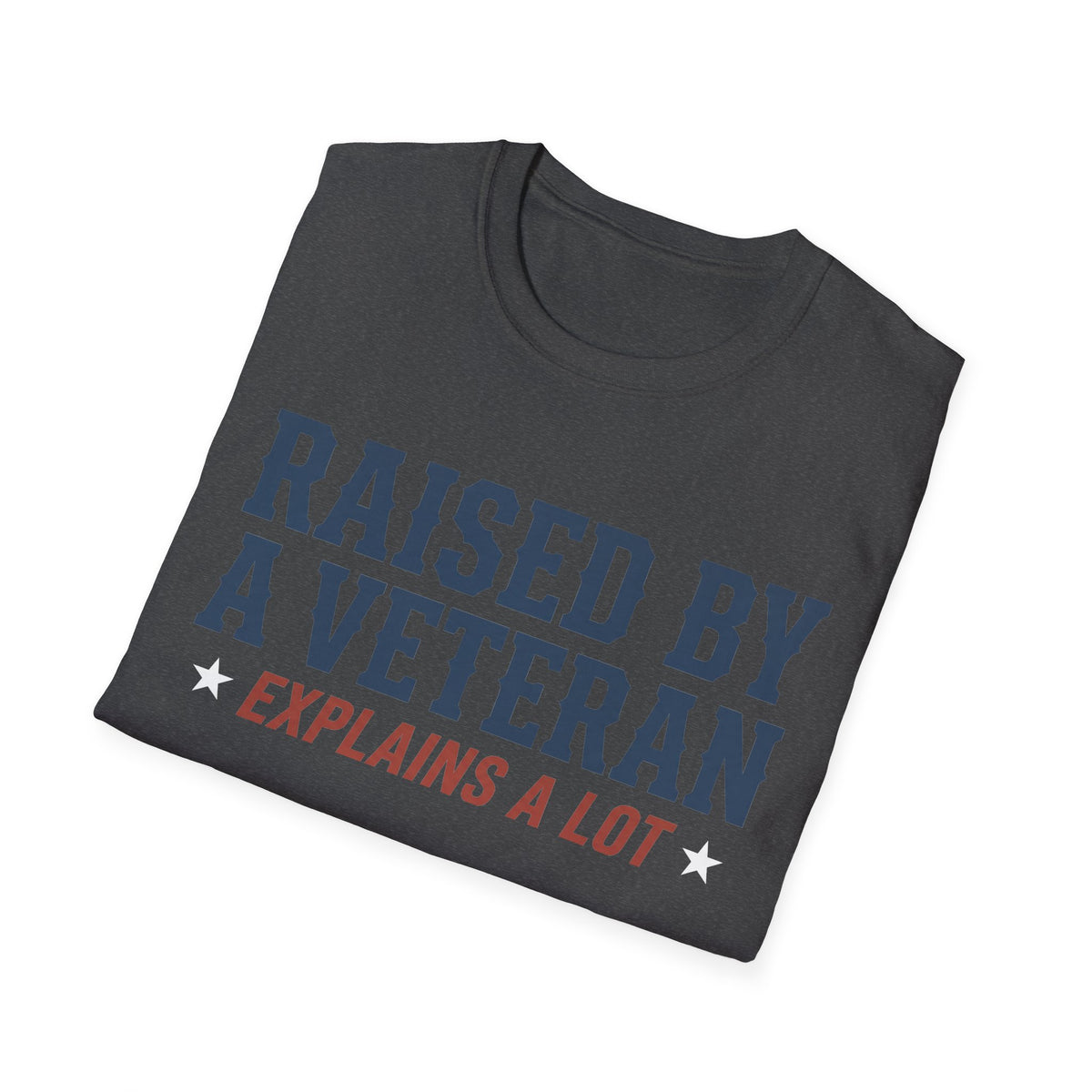 Printed crewneck T-shirt in dark gray with blue and red slogan graphic
