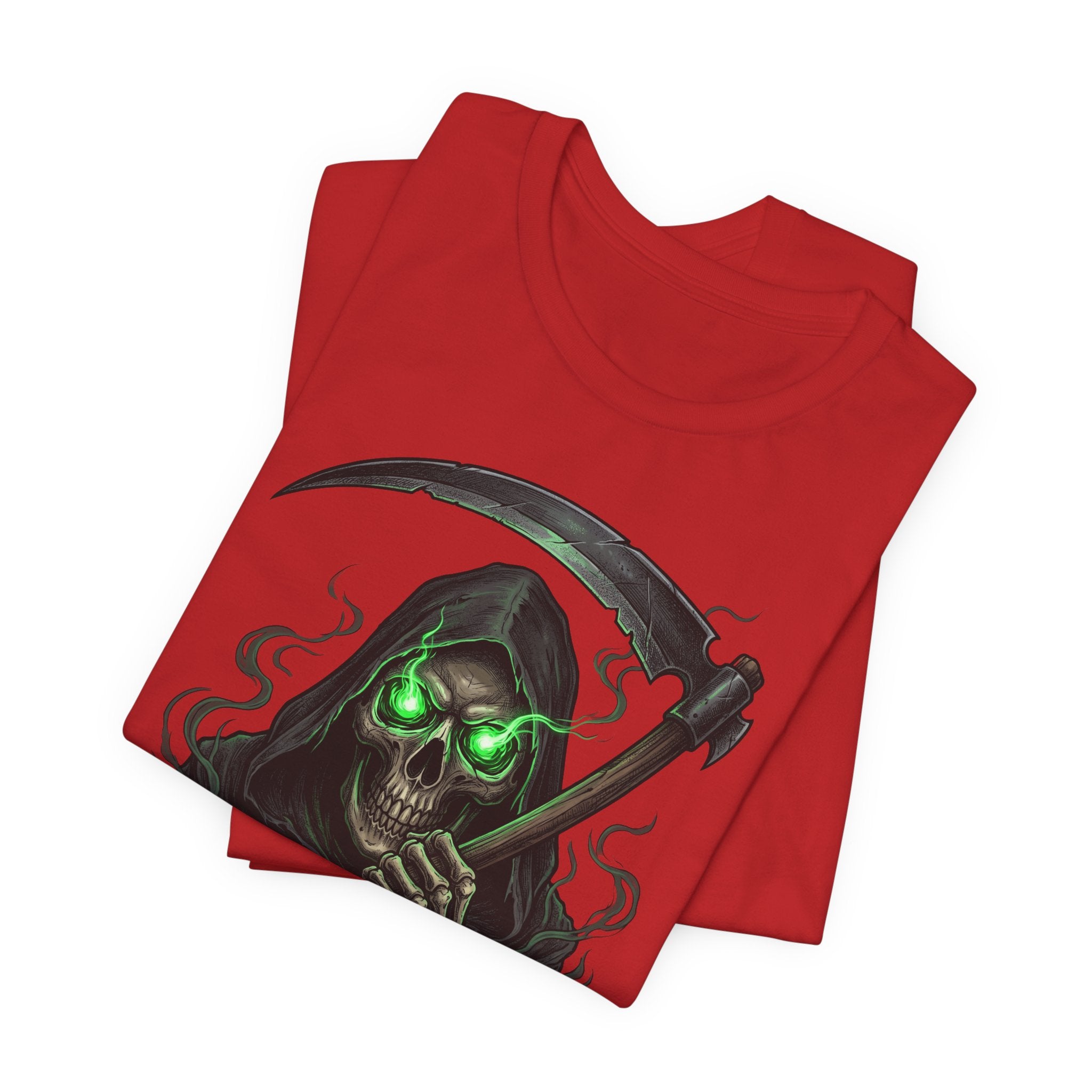 Red T-shirt with green-eyed grim reaper skull and scythe graphic on back
