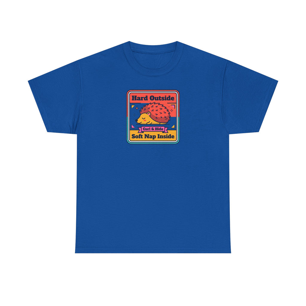 Royal blue T-shirt with colorful hedgehog graphic and “Hard Outside Soft Nap Inside” text