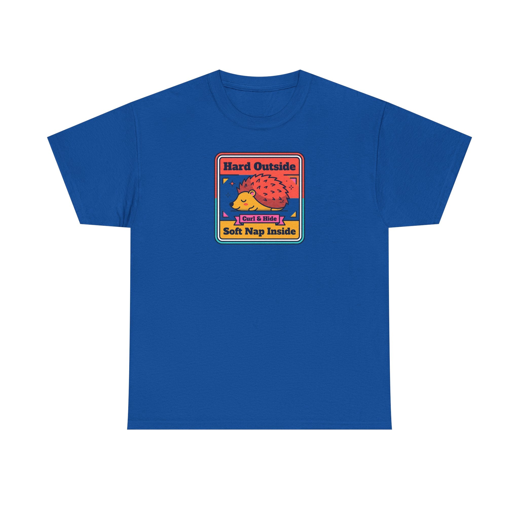 Royal blue T-shirt with colorful hedgehog graphic and “Hard Outside Soft Nap Inside” text