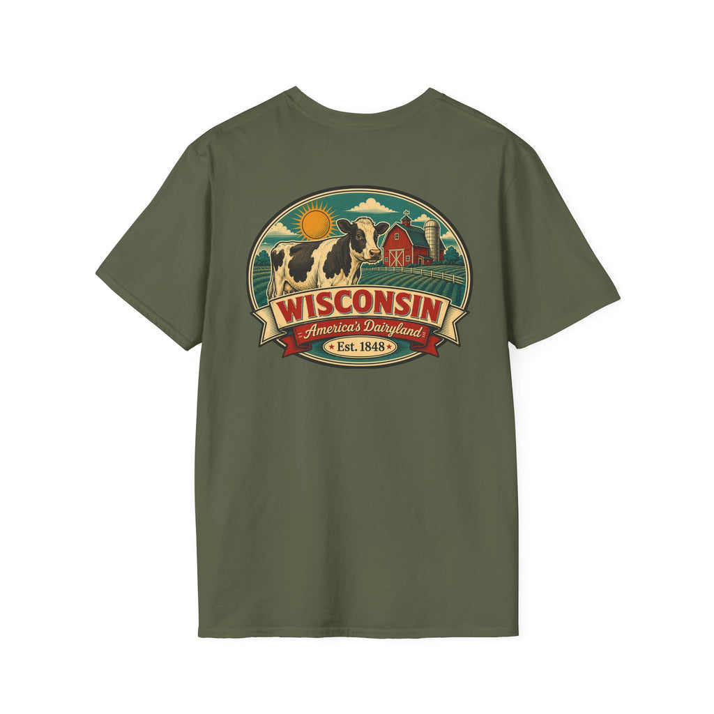 Olive Wisconsin graphic t-shirt with crest logo and cow illustration.