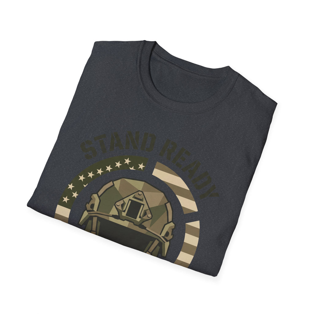Dark gray crew-neck t-shirt with helmet graphic and arched “STAND READY” text