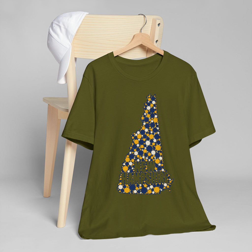 Olive green t-shirt with colorful floral New Hampshire outline graphic