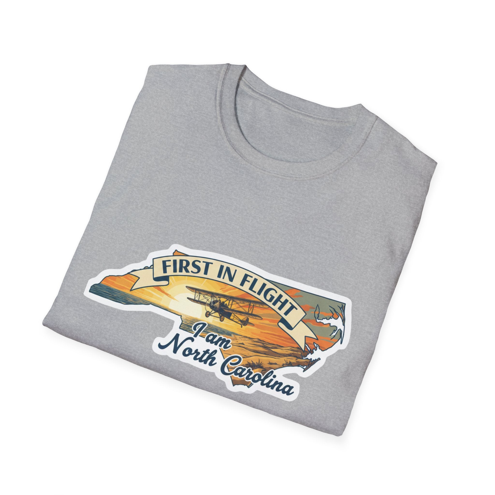 Sport Grey North Carolina T-shirt with “First in Flight” plane and state outline graphic