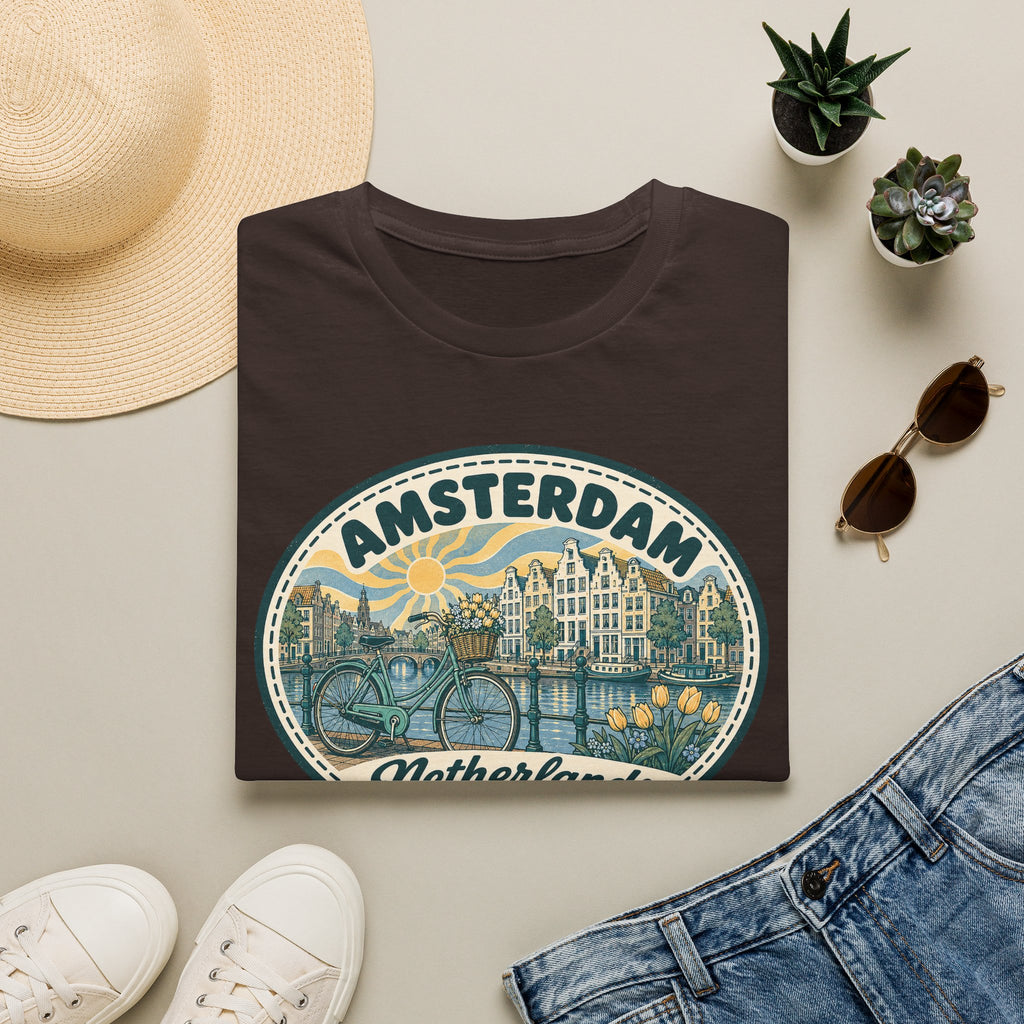 Amsterdam Vintage Cityscape T-Shirt | Netherlands Bicycle Canal Tulips