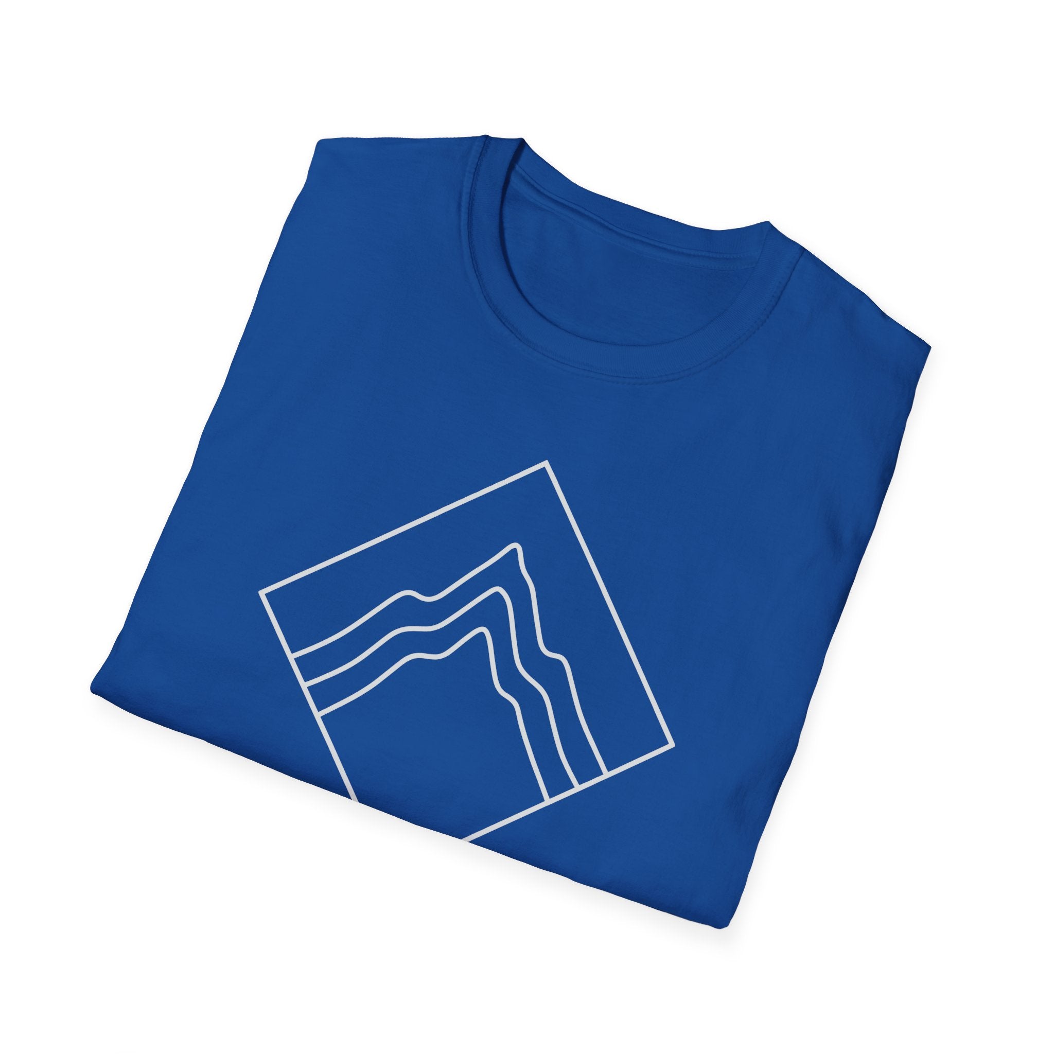 Royal blue T-shirt with white outline mountain topographic lines graphic