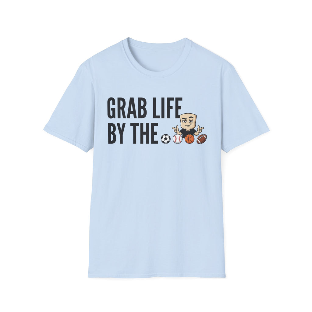 Light blue T-shirt front with 'GRAB LIFE BY THE' sports ball graphic