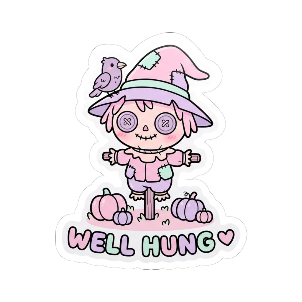 Pastel scarecrow bunny sticker with bird on hat, holding pumpkins and “WELL HUNG” text