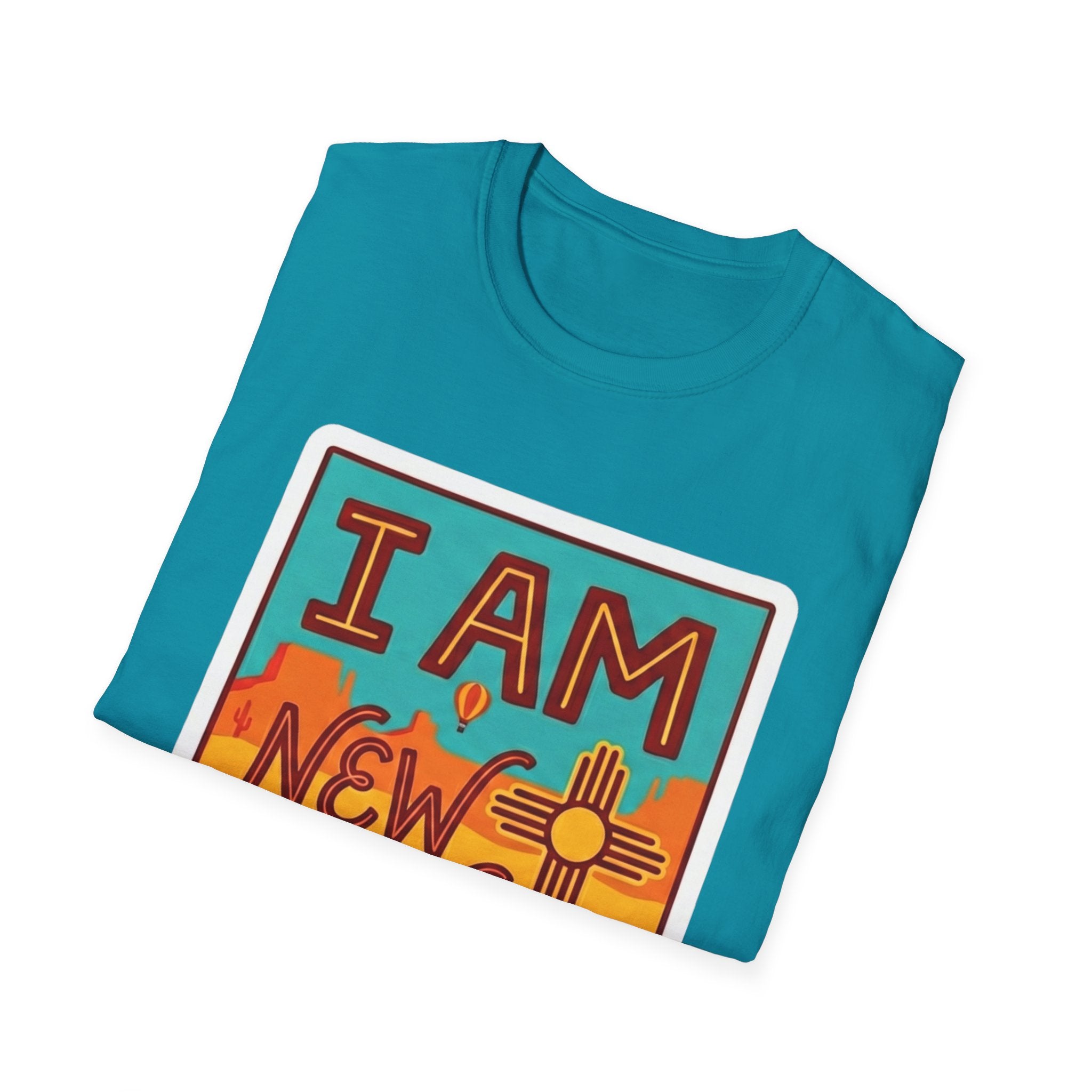 I Am New Mexico T-shirt in teal with colorful I AM NM Zia artwork on front