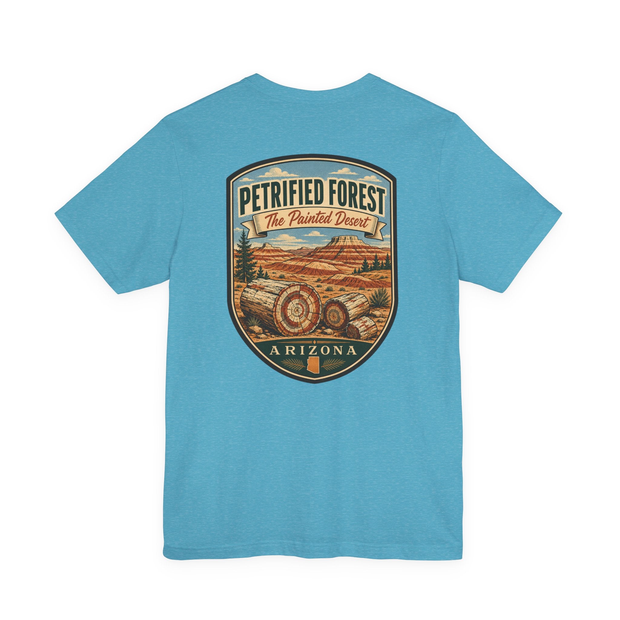 Heather aqua crewneck t-shirt with centered Petrified Forest desert landscape graphic