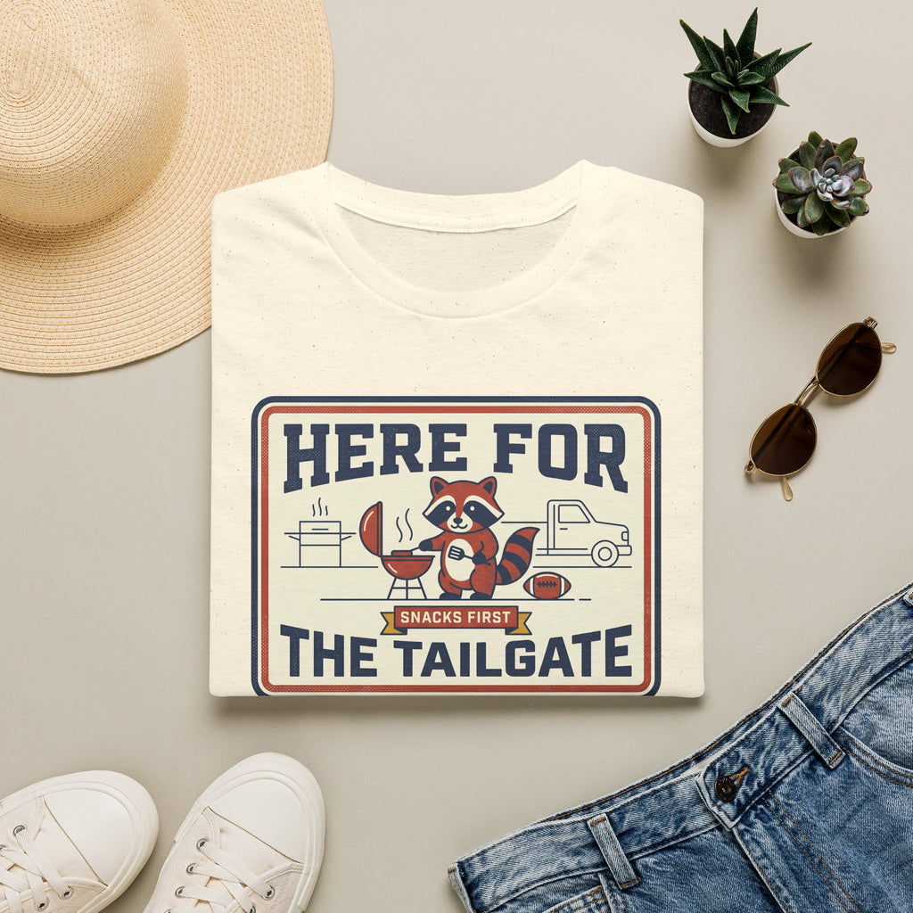 Cream unisex graphic tee with raccoon BBQ “Here for the Tailgate” front print